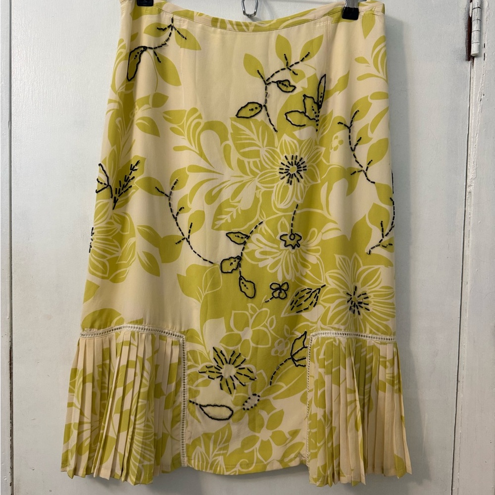 Susan Bristol Yellow and Cream Silk Floral Midi Skirt with Beading